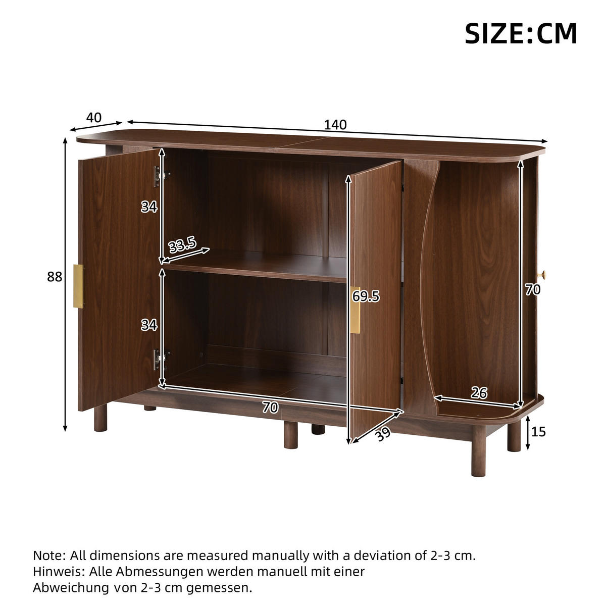 SIDEBOARD 140cm mit geschwungenen Kanten & 2 Türen - Walnussfarben, Holzwerkstoff (140/88/40cm) - Urban Meuble