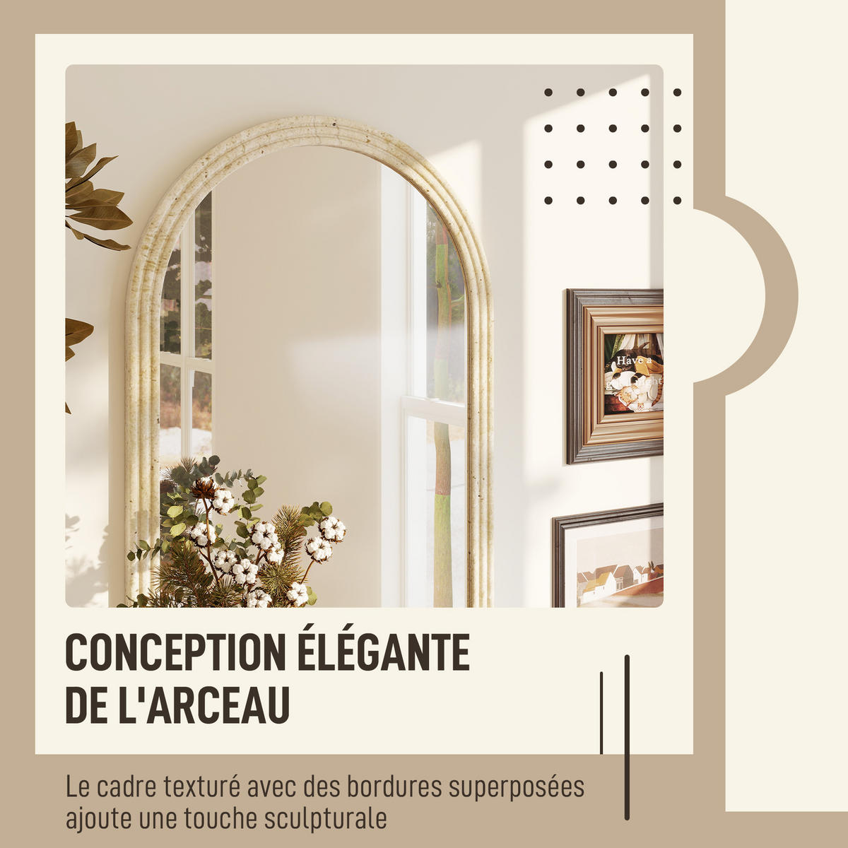 WANDSPIEGEL DE-14377 mit Bogenform und gerilltem Rand Beige - Beige, Kunststoff (50/70/2cm) - ComfortXL