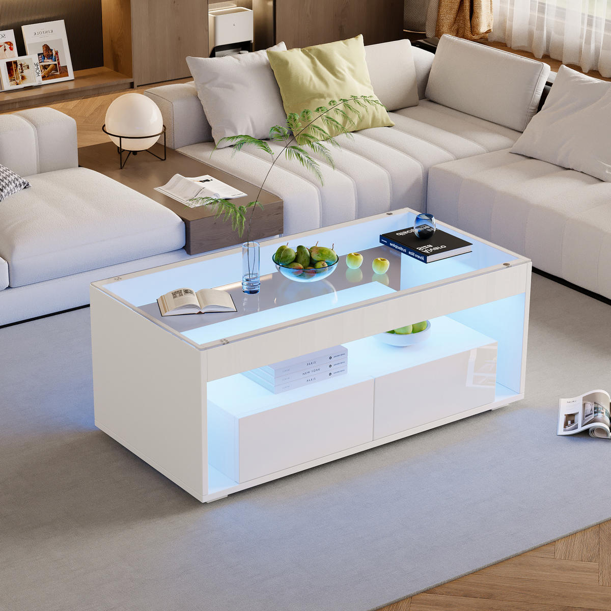 COUCHTISCH mit LED 100 x 50 x 40 cm Weiß mit 2 Schubladen - Weiß, Holzwerkstoff (100/50/40cm) - Meubliv