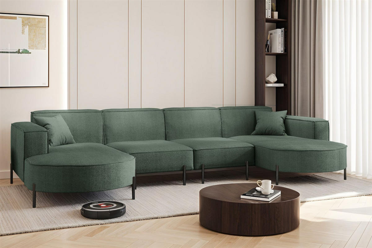 WOHNLANDSCHAFT Valencia Xl - Grün, Holzwerkstoff/Textil (384/80/165cm) - Fun Möbel