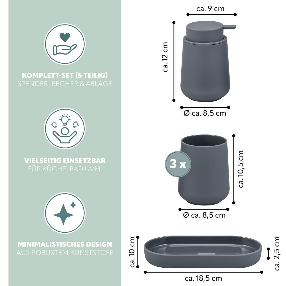 BAD-ACCESSOIRES-SET TESERO 5tlg., Soft-Touch, grau - Grau, Kunststoff (8.5/12/9cm) - eluno