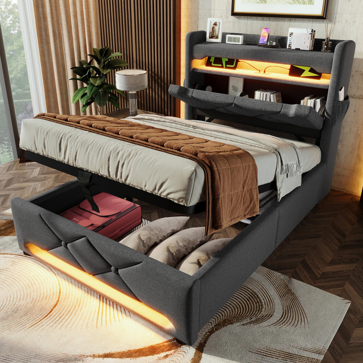 BETT mit LED, USB und Stauraum 90x200 cm Leinen Grau - Grau, Metall (90/200cm) - Meubliv