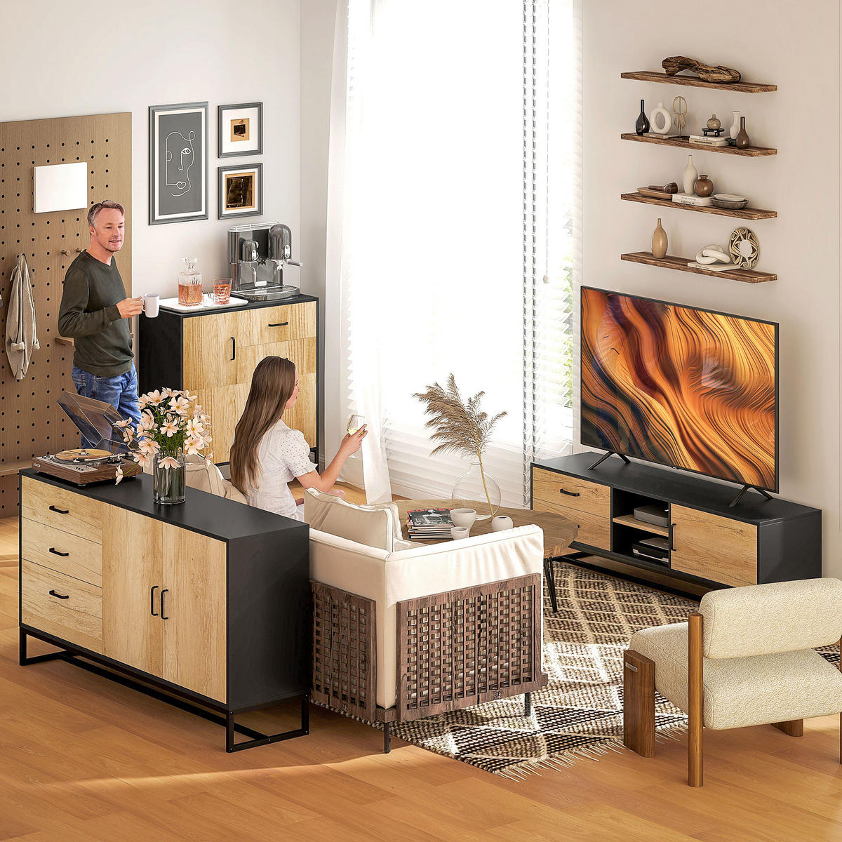 SIDEBOARD DE-11119 3 Schubladen & verstellbarer Boden Weiß - Naturfarben, Holzwerkstoff (140/75/35cm) - ComfortXL
