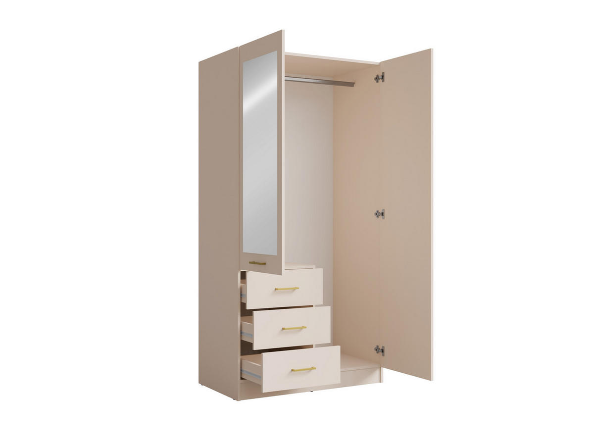 KLEIDERSCHRANK KERONA 15 - 101×200,5×58 cm cm mit Spiegel, 2 Türen & 3 Schubladen Wüstensand - Sandfarben, Holzwerkstoff (101/200.5/58cm) - Milaros Markt
