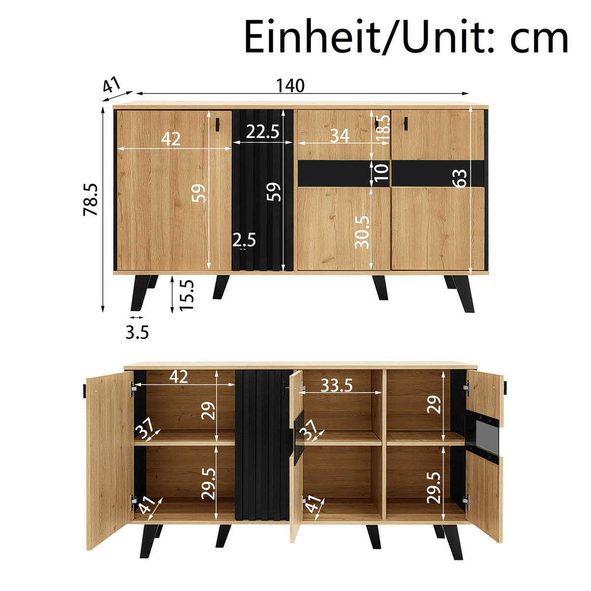 SIDEBOARD in Holzoptik und Schwarz mit 3 Türen, Glasfront und LED-Innenbeleuchtung, 140/41/78,5 cm, Holzoptik und Schwarz - Naturfarben, Holzwerkstoff (78.5/41/140cm) - Redom