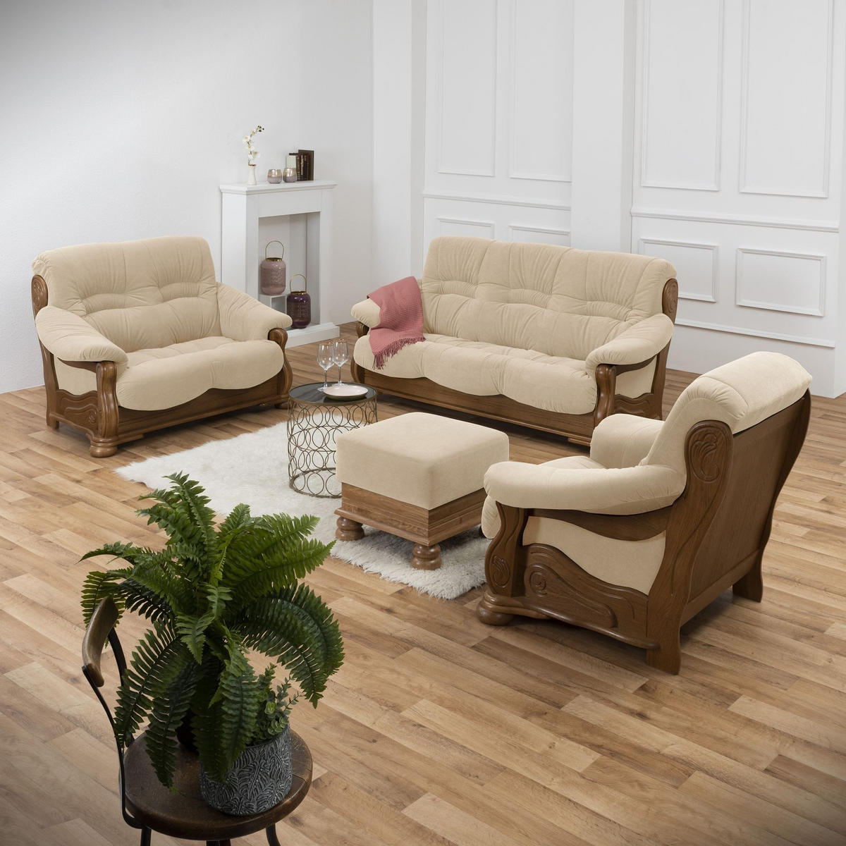 HOCKER Katlin Bezug Flockstoff Eiche rustikal P43 / sand - Sandfarben, Leder (53/45/53cm) - 58aufmkessel