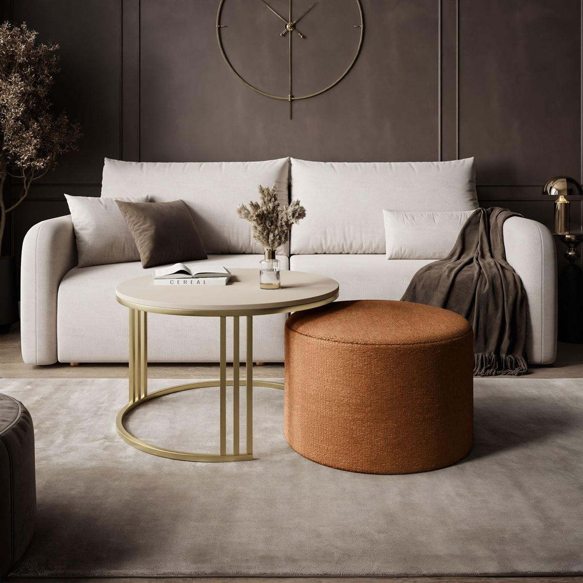 COUCHTISCH mit Hocker LORI MAT gebürstetes Gold/Kaschmir matt/Perfect Harmony 52 - Kaschmir, Metall (70/70/49cm) - Lookway
