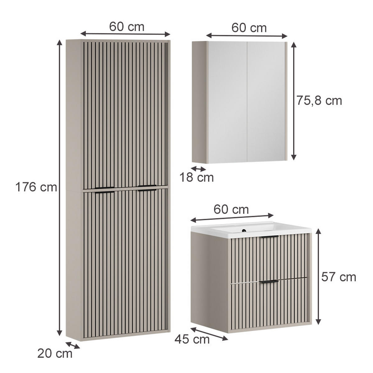 BADMÖBEL-SET Ruford Cashmere 4 Teile - Kaschmir, Holzwerkstoff (60/57/45cm) - Vicco