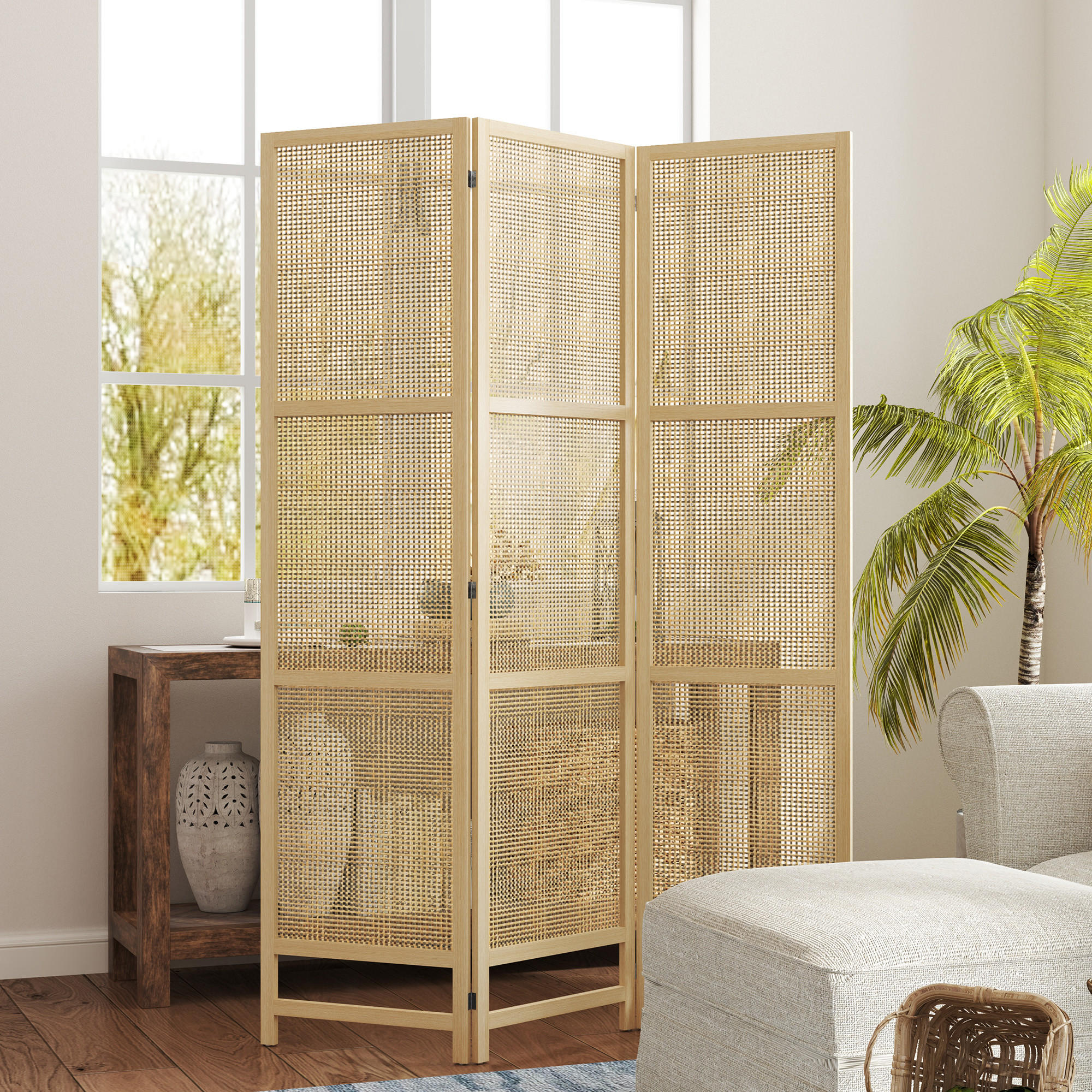 PARAVENT3-TEILIG 135 x 180 cm, Natur - Naturfarben, Kunststoff (135/180/1.7cm) - HOMCOM
