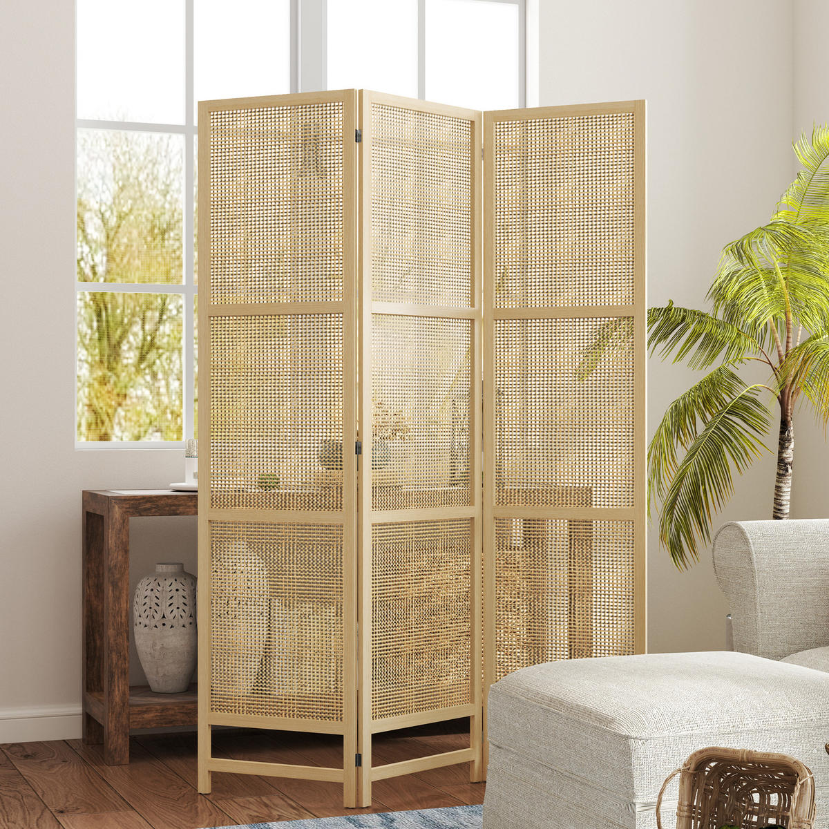 PARAVENT3-TEILIG 135 x 180 cm, Natur - Naturfarben, Kunststoff (135/180/1.7cm) - HOMCOM