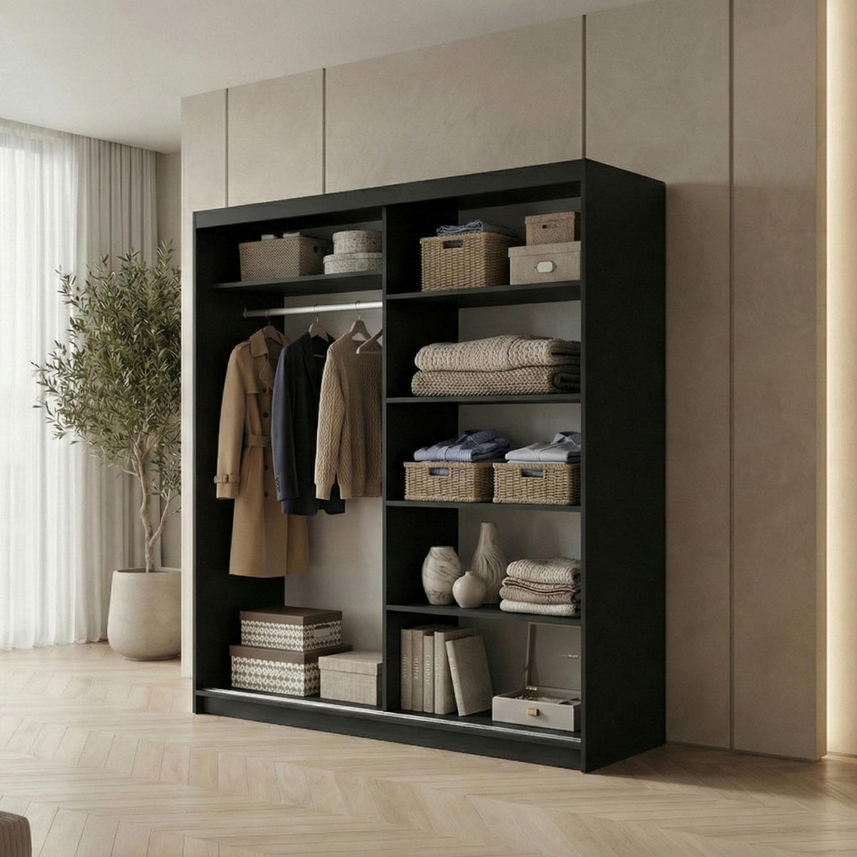 SCHWEBETÜRENSCHRANK Hela 180/205/60 2-türig schwarz mit Spiegel - Schwarz, Holzwerkstoff (180/205/60cm) - Beautysofa