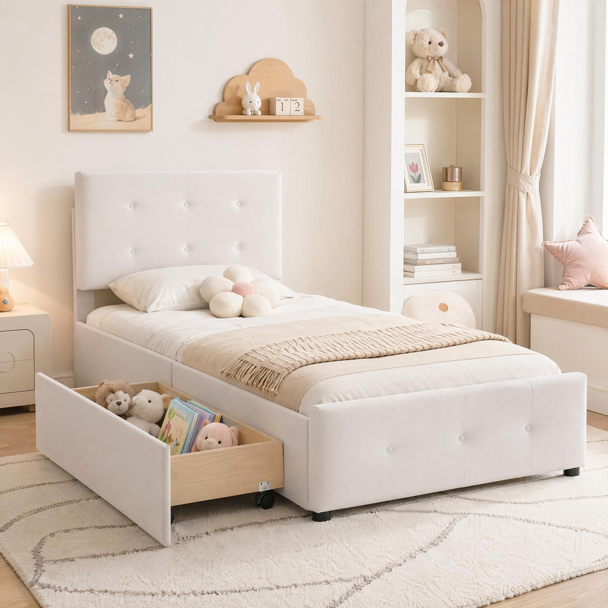 EINZELBETT 90x200 Samt Mit Stauraumschublade Stabil Lattenrost - Creme, Holz