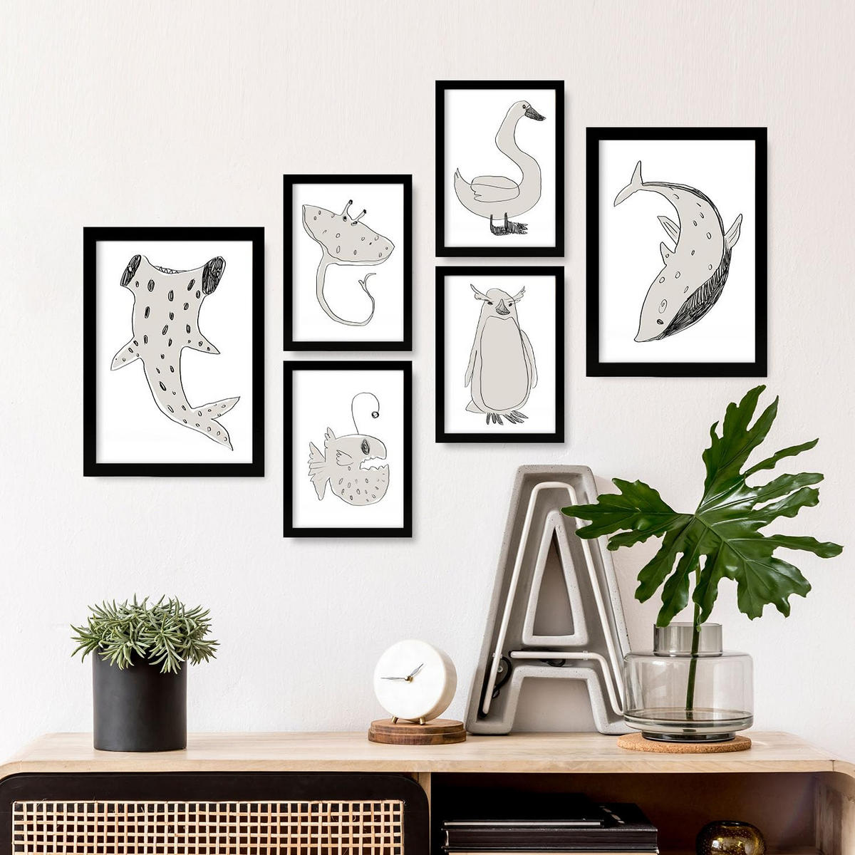 POSTER Set Mit 6 Sea Varmint In Tiere Abstracts Ästhetische Dekorative Gemälde Für Ihr Wohnzimmer, Schlafzimmer, Zuhause A3 & A4 Schwarzer Rahmen - Schwarz, Papier (29/3cm) - Nacnic