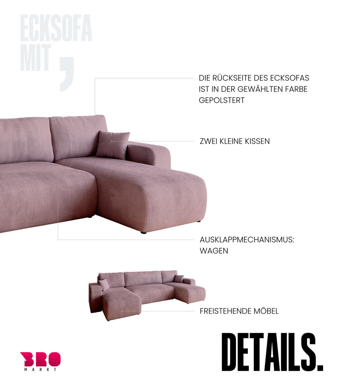 WOHNLANDSCHAFT PUMI mit Schlaffunktion Rosa Cord - Rosa, Textil (312/82/148cm) - Bromarkt