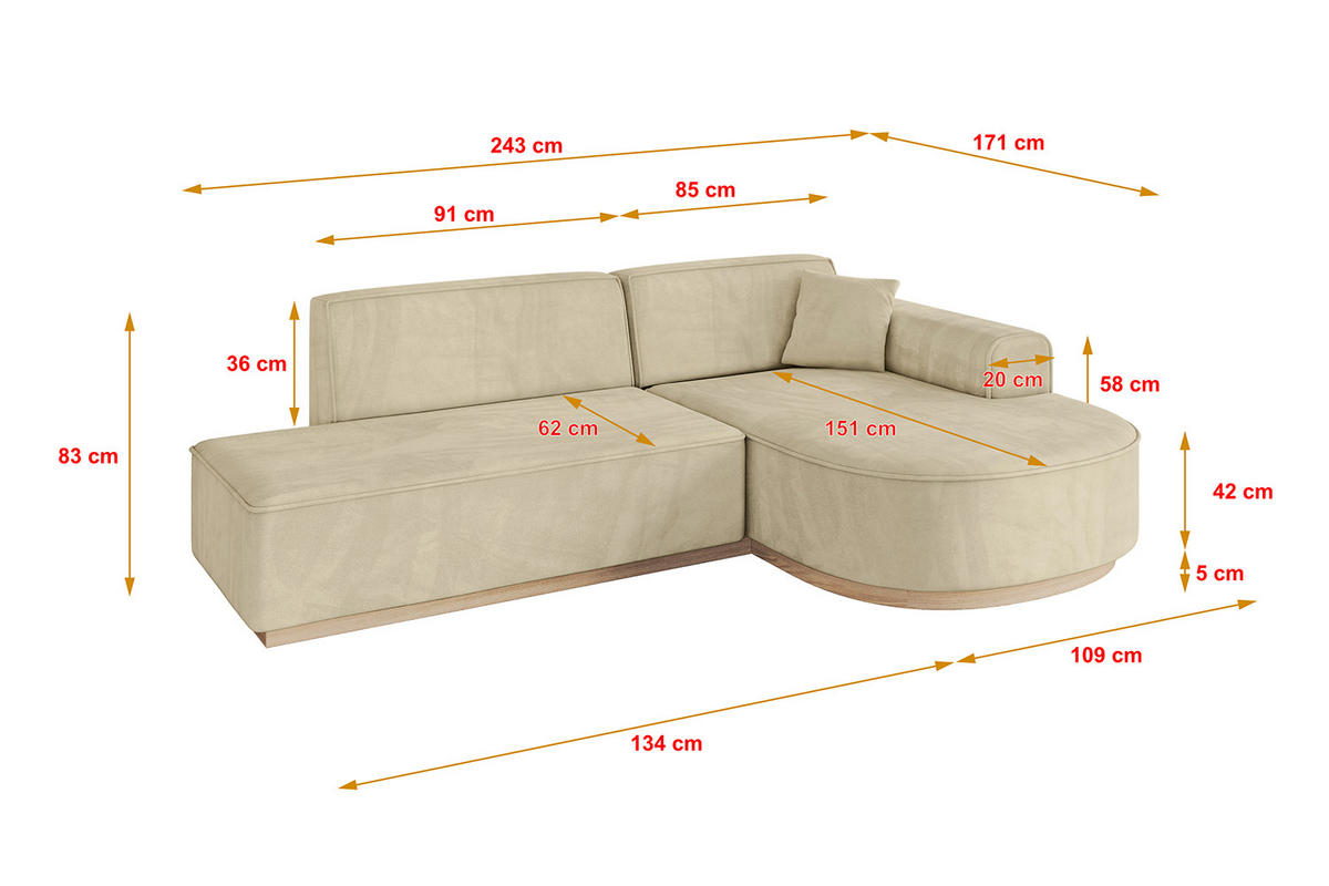 ECKSOFA Ottomane Rechts ARRIO-L1 - 243x171x83 cm Beige - Beige/Schwarz, Holzwerkstoff/Kunststoff (243/171cm) - ALTDECOR