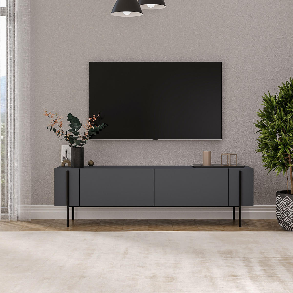 TV-MÖBEL Herman Anthrazit - Grau, Holz (160/45.6/31.4cm) - Habitat Garten