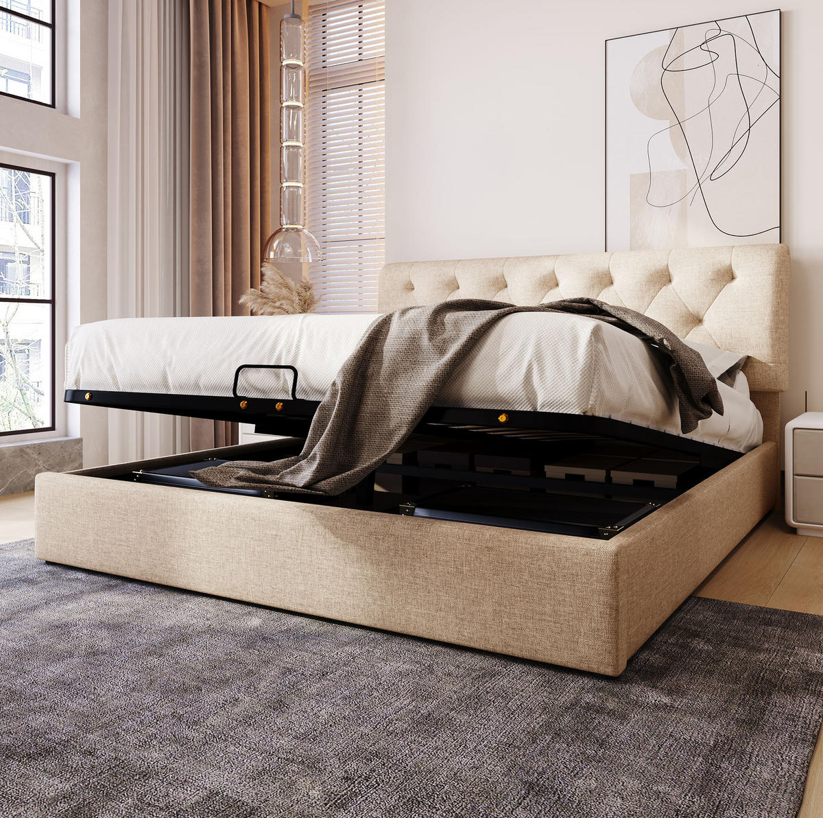 BETT mit Bettkasten und verstellbarem Kopfteil 140x200 cm Leinen Natur - Beige, Metall (140/200cm) - Meubliv