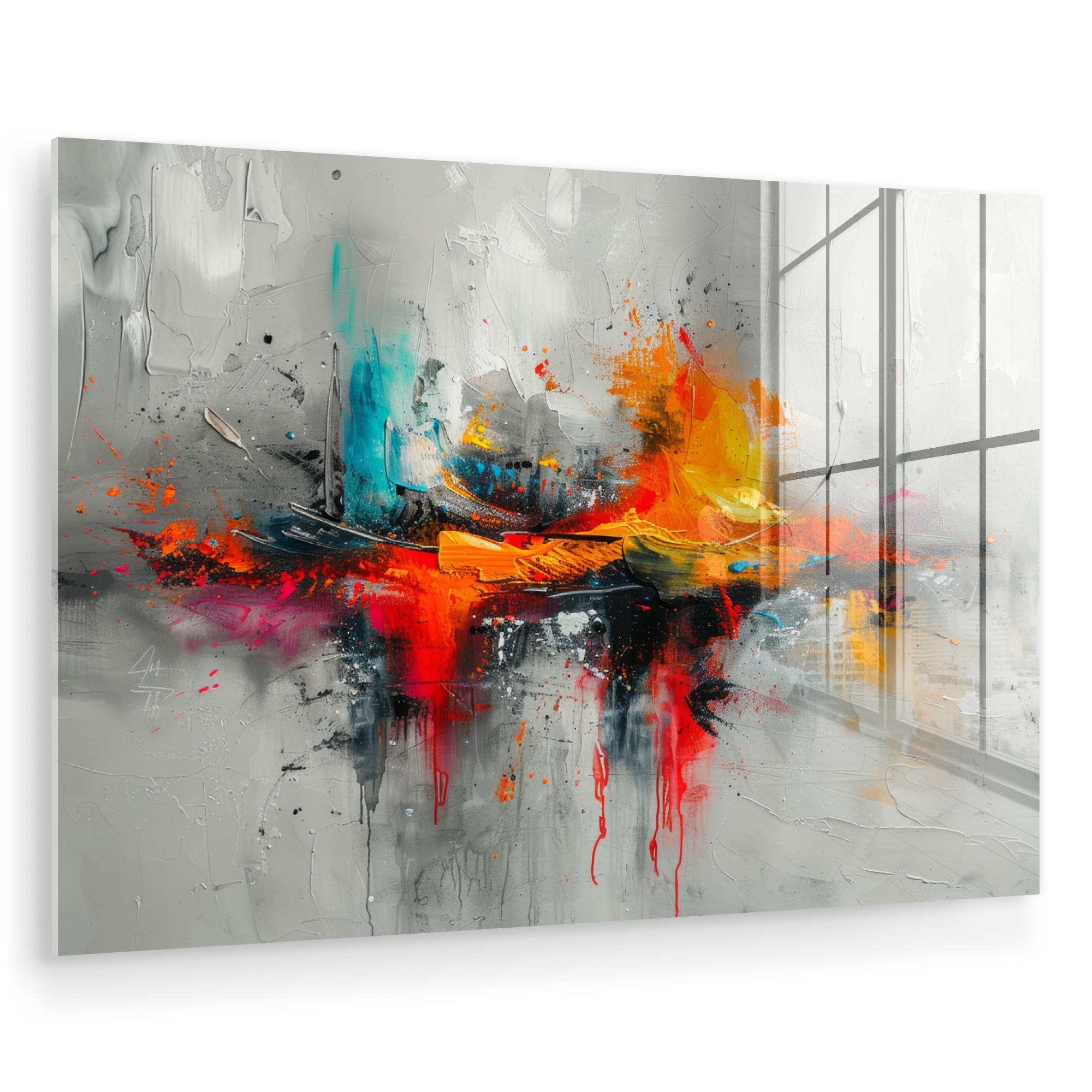 ACRYLGLASBILD Moderne Kunst - Orange - Grau - Abstrakt 90x60 cm - Hellgrau, Glas (90/60cm) - MuchoWow