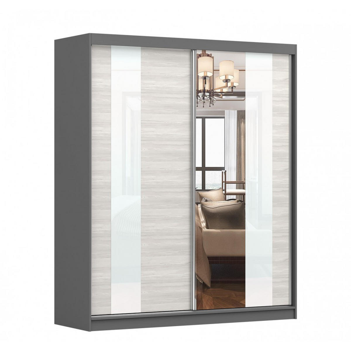 SCHWEBETÜRENSCHRANK MULTI 32 Sonoma Eiche/Kathult Weiß, ohne LED Beleuchtung 203 cm - Alufarben/Graphitfarben, Glas/Holzwerkstoff (183/218/61cm) - imoebel24