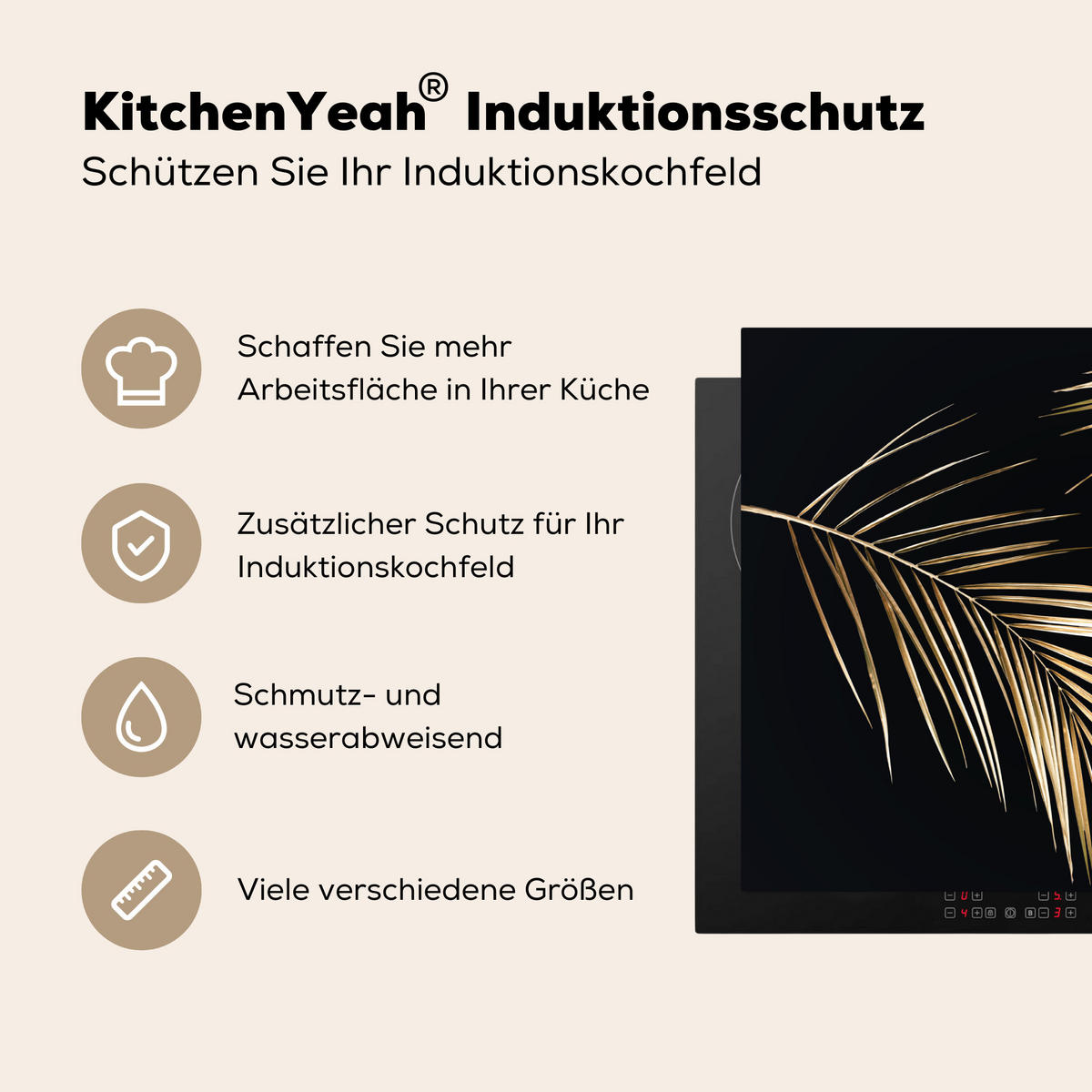 HERDABDECKPLATTE Blätter - Pflanzen - Gold - Schwarz - Luxus 65x52 cm - Goldfarben, Kunststoff (65/0.2/52cm) - MuchoWow