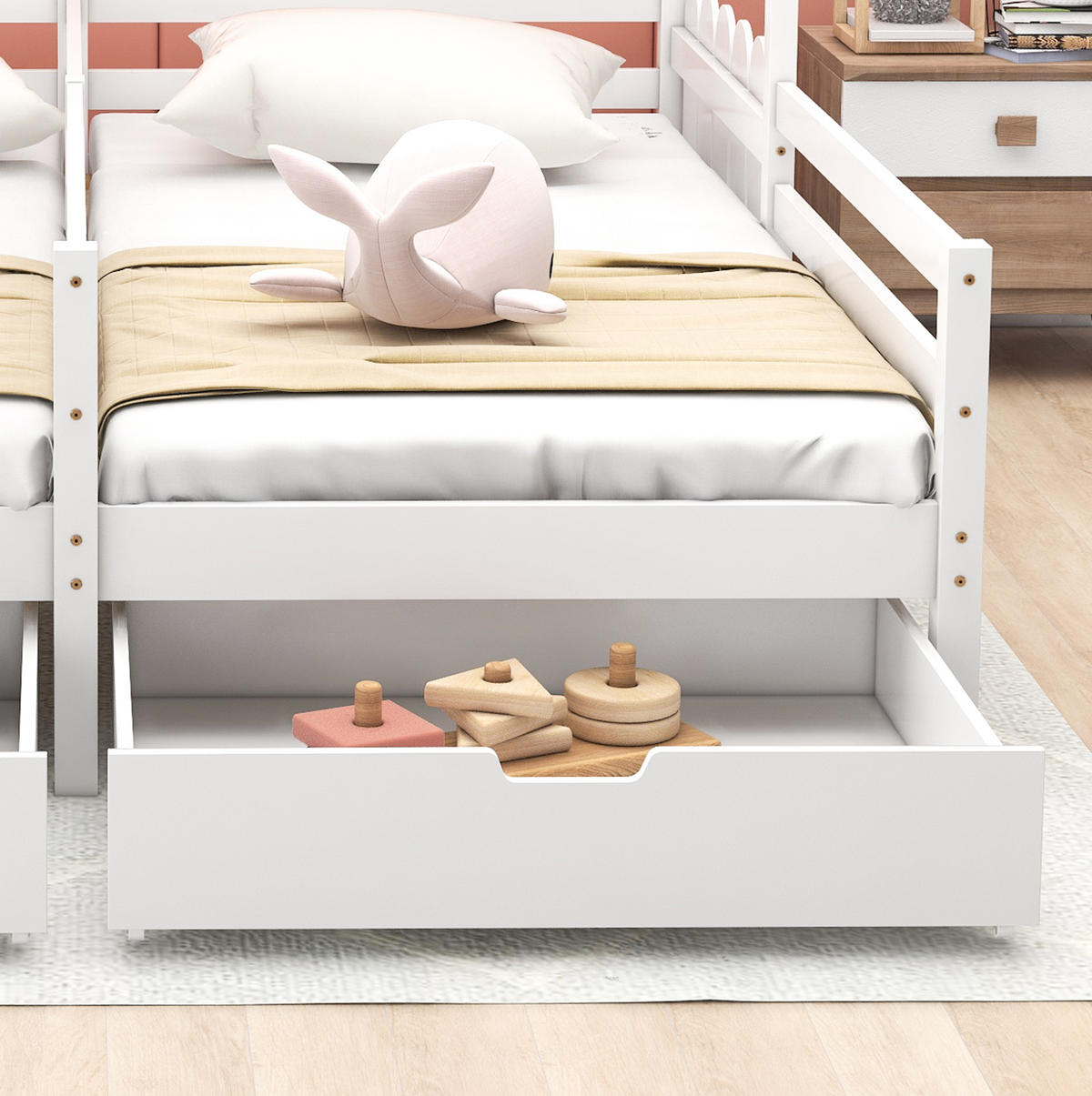 HAUSBETT 2 x 90/200 cm in Weiß mit 2 Schubladen und Schutzgitter - Weiß, Holz (90/200cm) - Flora Grace
