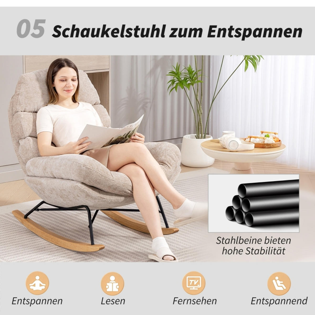 SCHAUKELSTUHL Cremeweiß mit Stahlbeinen und Holzkufen - Creme, Textil (80/91/103cm) - Oxeza