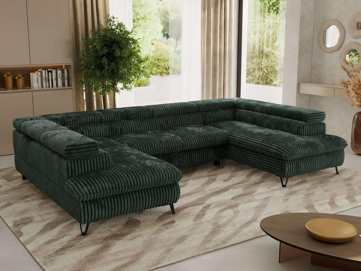 WOHNLANDSCHAFT PABLO U Cord Dunkelgrün mit Topper T25 - Schwarz/Grün, Textil/Metall (346/76/208cm) - MKS