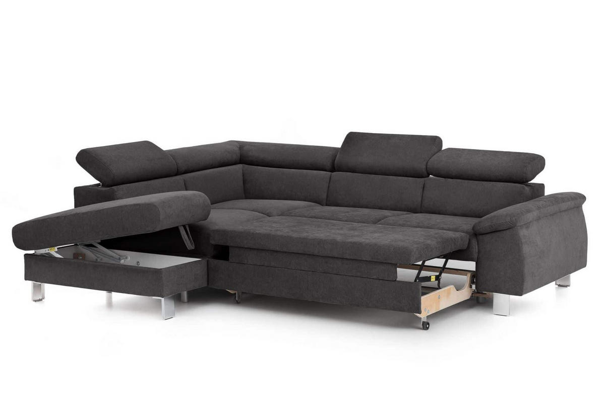 ECKSOFA mit Schlaffunktion und Bettkasten - Chromfarben/Dunkelgrau, Holz/Textil (249/207cm) - Cotta