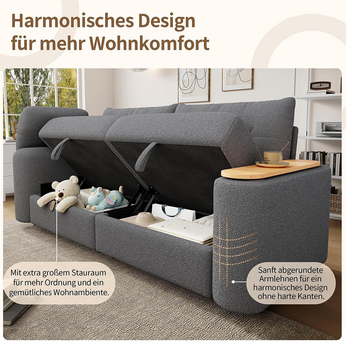 3-SITZER-SOFA mit Stauraum in Grau - Grau, Textil (80/87/207.5cm) - KOMHTOM