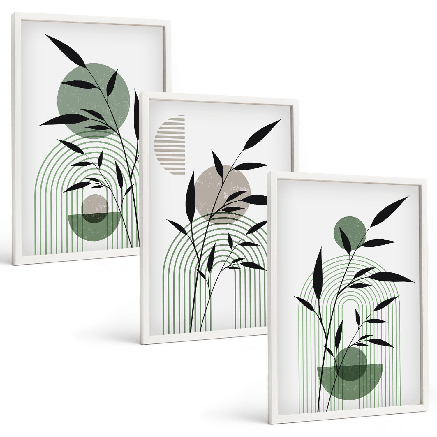 BILDER SET 3er Set - 40x60 cm Weißer Rahmen - Boho-Pflanzenkompositionen - Weiß, Kunststoff (40/60cm) - TULUP