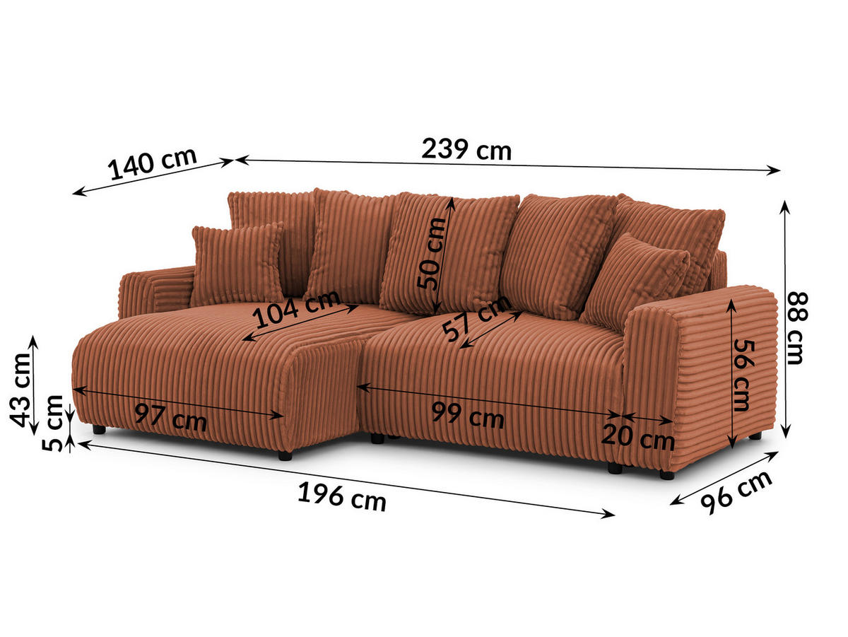 ECKSOFA Calma mit Schlaffunktion und Bettkasten im Bumpy-Design aus weichem Terrakotta Plüschcord - Ottomane links - Terracotta/Schwarz, Holz/Kunststoff (239/140cm) - S-Style