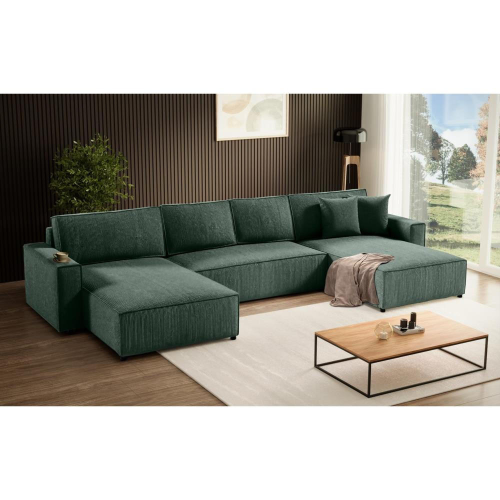 WOHNLANDSCHAFT Parys U mit Schlaffunktion grün - Schwarz/Grün, Kunststoff/Textil (390/70/185cm) - Beautysofa
