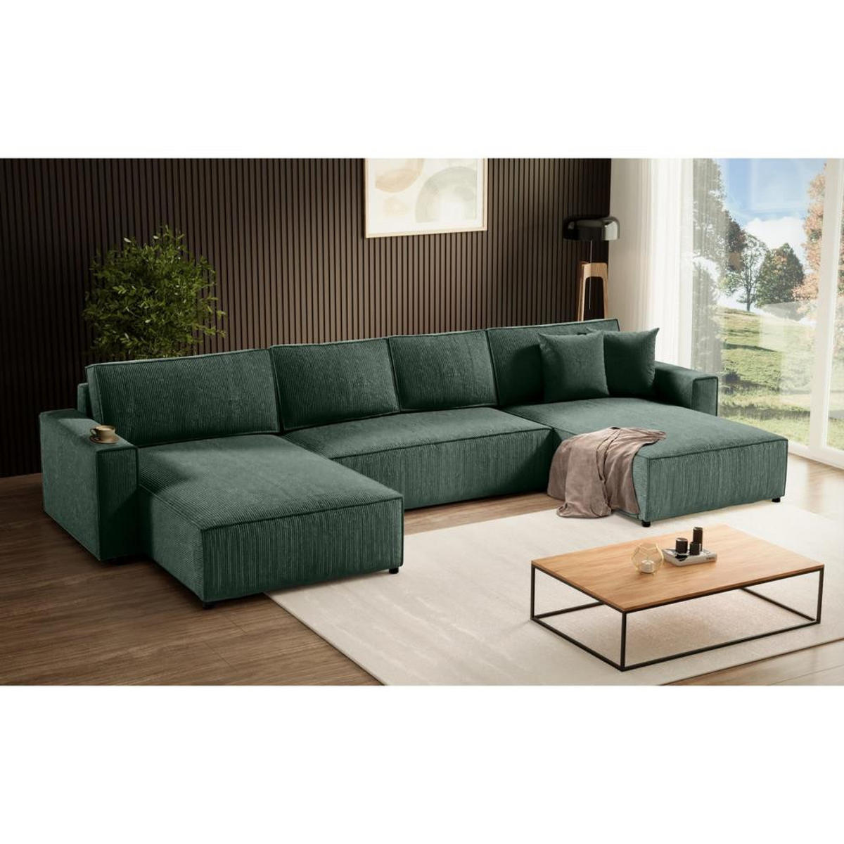 WOHNLANDSCHAFT Parys U mit Schlaffunktion grün - Schwarz/Grün, Kunststoff/Textil (390/70/185cm) - Beautysofa