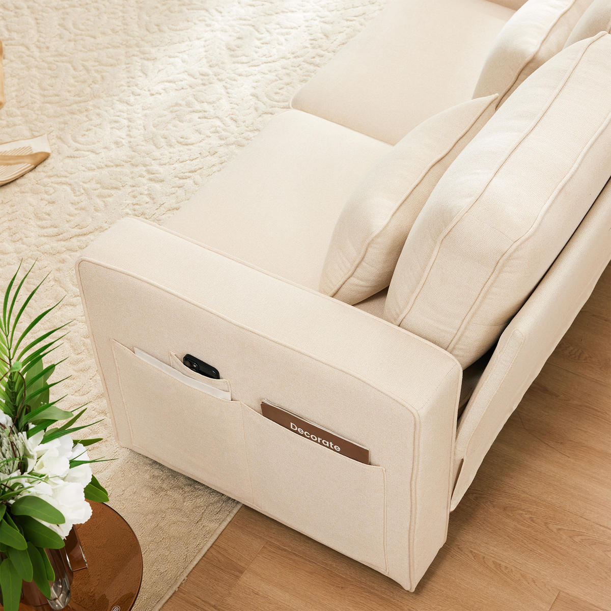 4-SITZER SOFA Leinen Beige mit USB, Getränkehaltern und Kissen - Beige, Holzwerkstoff/Kunststoff (290/88/83cm) - WISHDOR