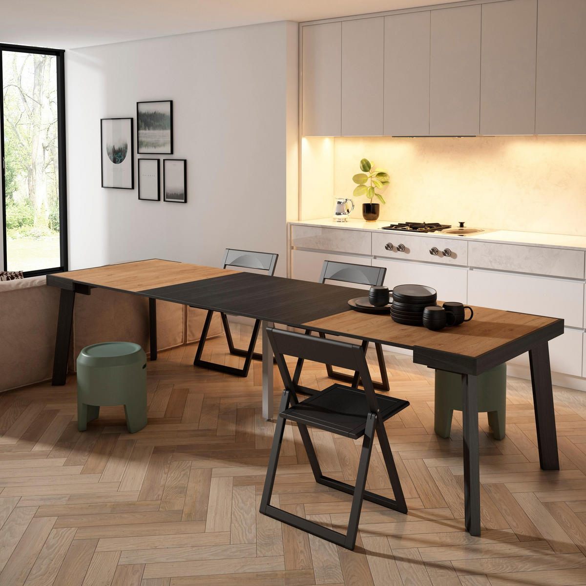 KONSOLENTISCH ausziehbar 58 bis 302cm, für 14 Gäste, eiche, schwarz, 90/58/73cm - Multicolor/Schwarz, Holzwerkstoff (90/302/73cm) - Skraut Home
