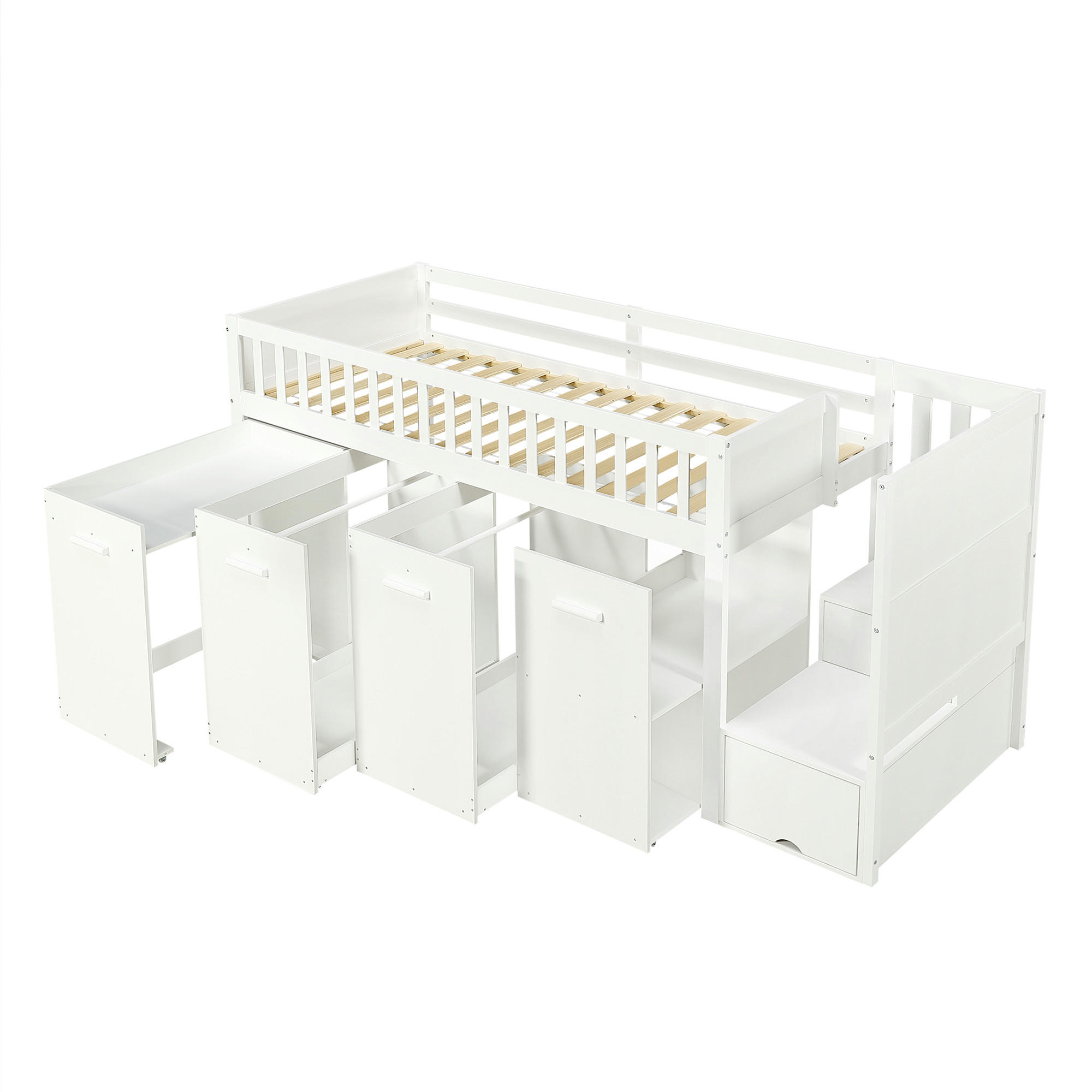 STAURRAUMBETT 90/200 cm DE-02280, in Weiß, mit Treppenschränken, Kleiderschränken und Schreibtisch - Weiß, Holz/Holzwerkstoff (90/200cm) - ComfortXL
