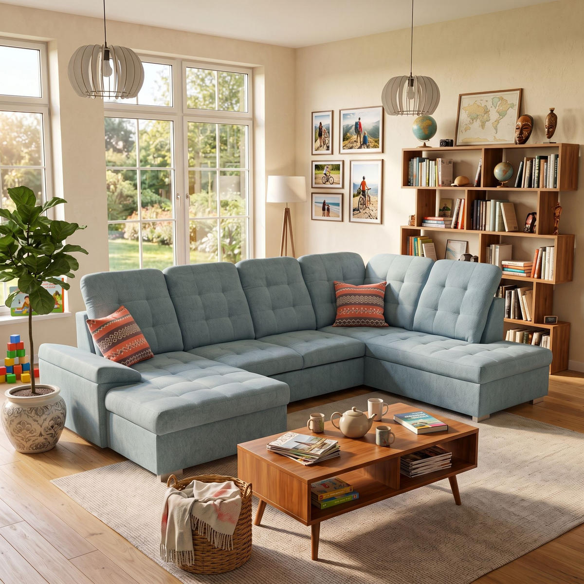 ECKSOFA U-Form OLIVIA U Rechts mit Schlaffunktion 124x257 Velours Blaugrau - Silberfarben/Blaugrau, Holz/Kunststoff (202/103/320cm) - Muffo
