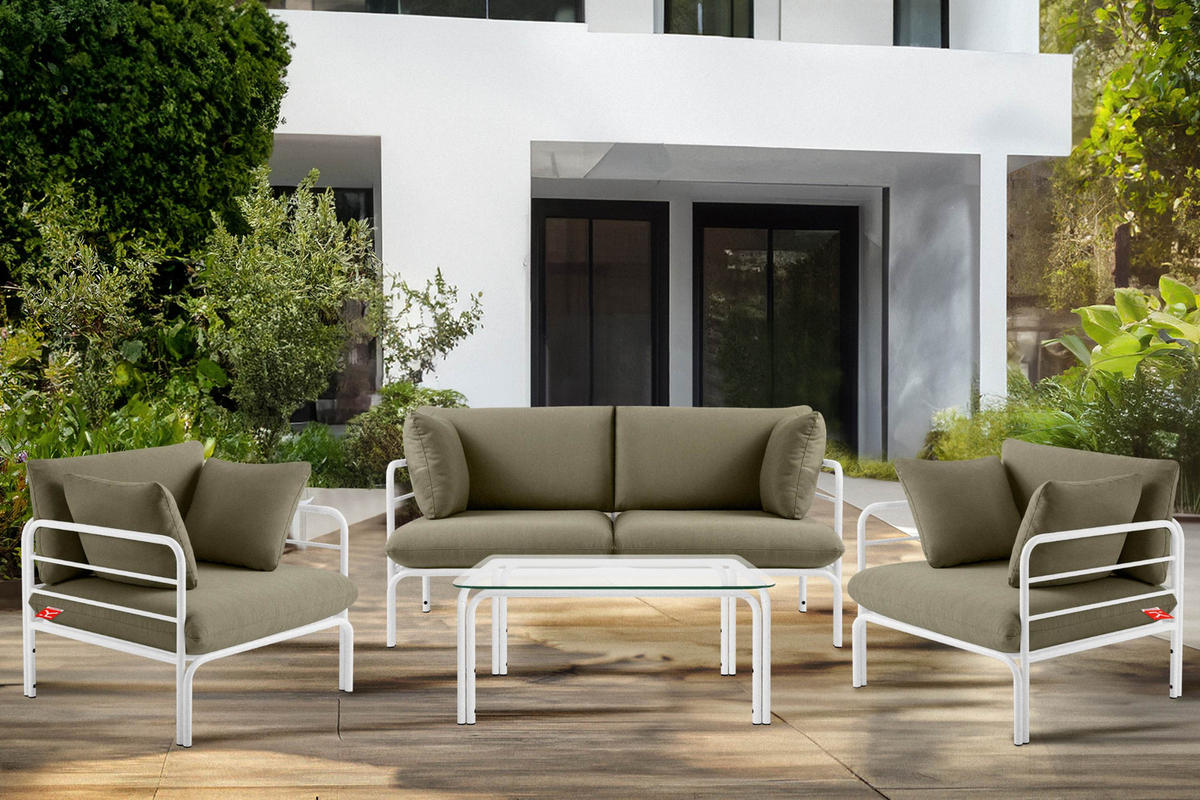 GARTENMÖBELSET RAMBE 4-tlg. 1x Tisch 2x Sessel 1x Sofa 3-Sitzer, mit Auflage, Stahlrahmen, LOFT-STIL, Weiß/Beige - Beige/Weiß, Textil/Metall - KONSIMO®