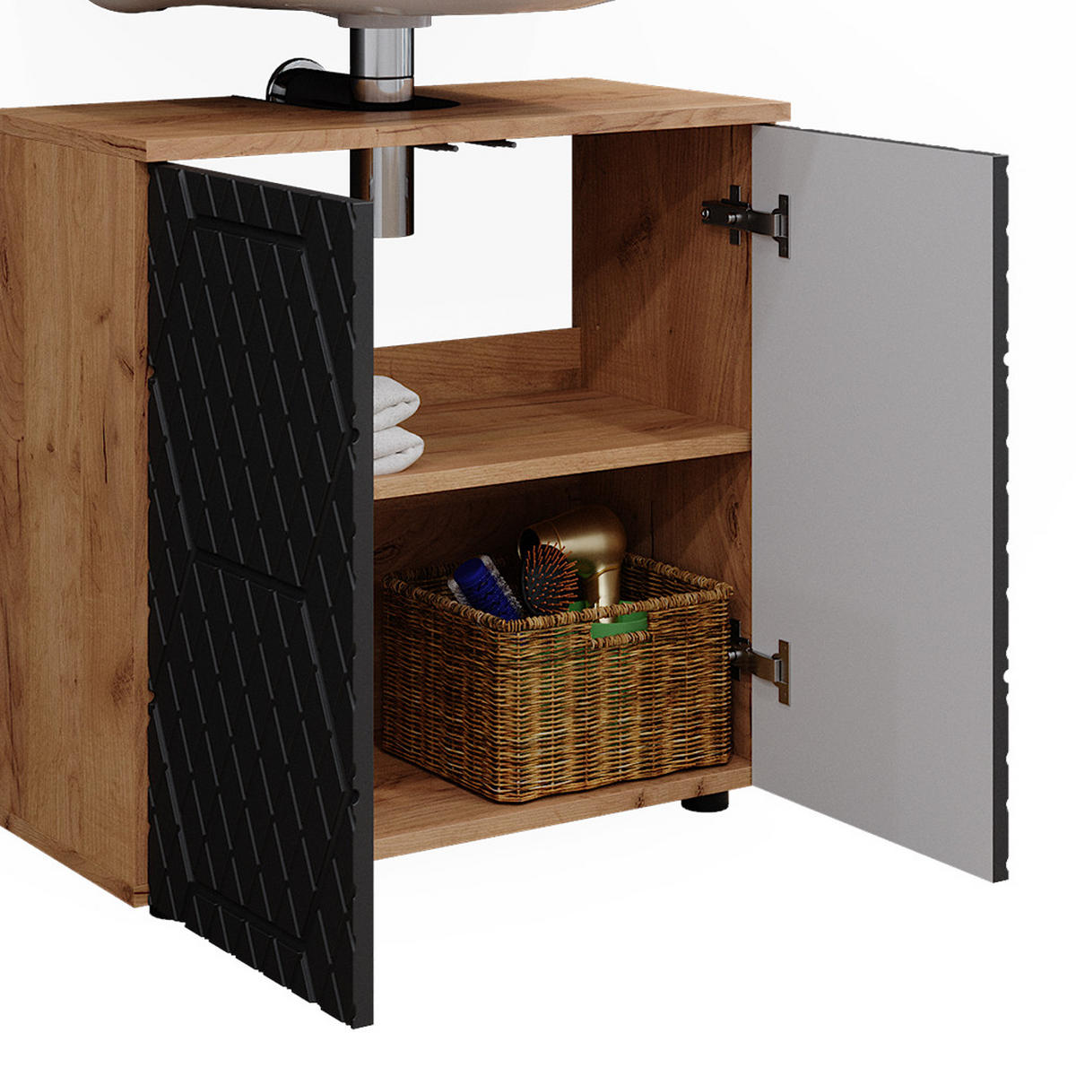 BADMÖBEL-SET Irma Anthrazit gestreift 4 Teile, mit Hochschrank - Honigeiche/Anthrazit, Holzwerkstoff (80/58.6/41cm) - Vicco