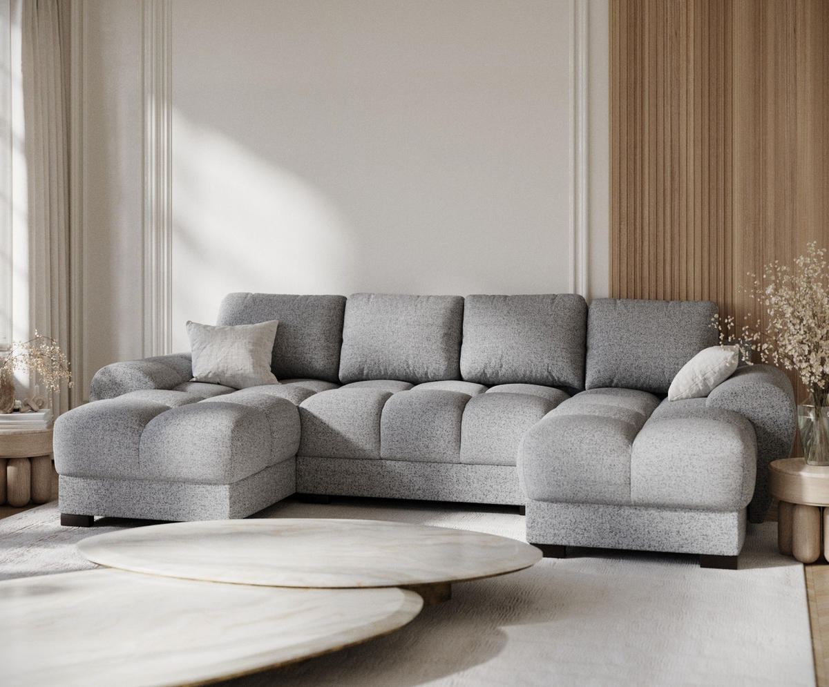 WOHNLANDSCHAFT Peebles Grau Webstoff - Schwarz/Grau, Holz/Holzwerkstoff (330/90/175cm) - Maison de Reve