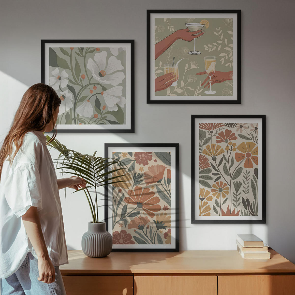 BILDER SET 4er Set - 50x50 cm & 40x60 cm Schwarzer Rahmen - Blumenmuster in Orange und Grün - Schwarz, Kunststoff (50/50cm) - TULUP
