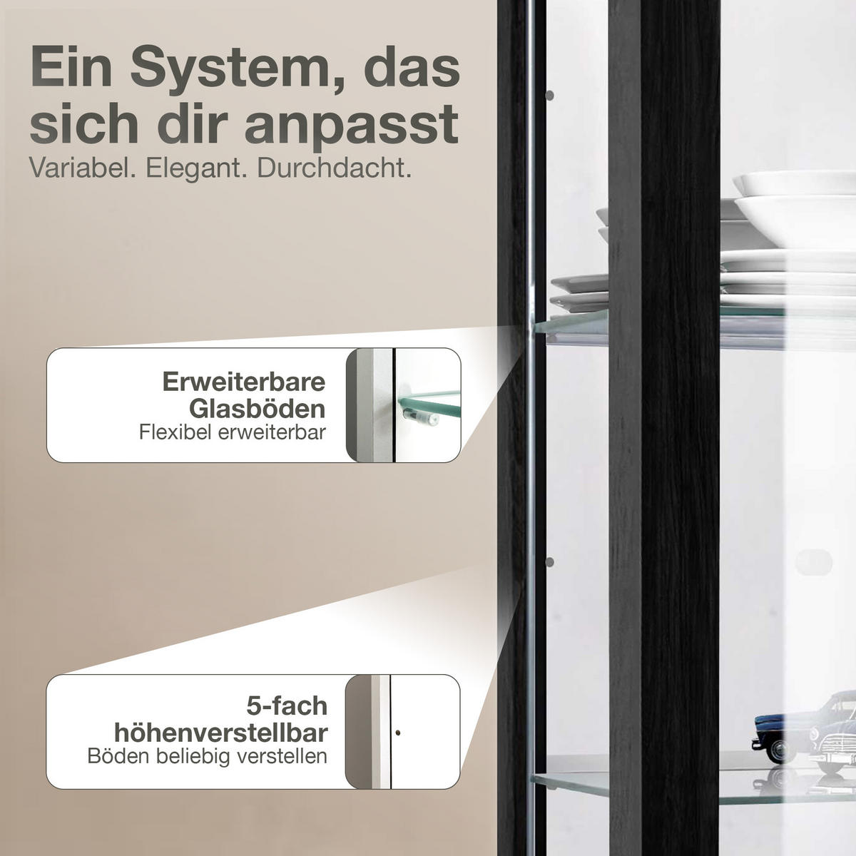 HÄNGEVITRINE 25/60/80 cm mit Spiegel, LED & 2 höhenverstellbaren Glasböden - Transparent/Silberfarben, Glas/Holzwerkstoff (60/80/25cm) - K-Möbel