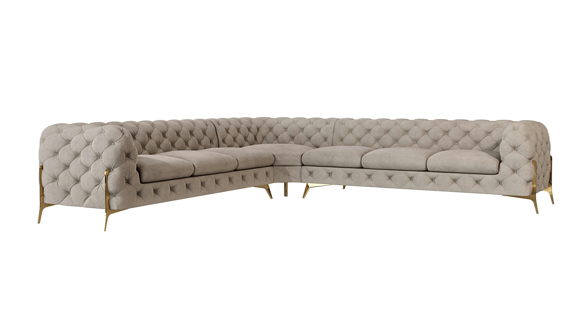 S-Style CHESTERFIELD ROHOVÁ SEDAČKA Lexi z tmavě krémového sametu se zlatými nohami