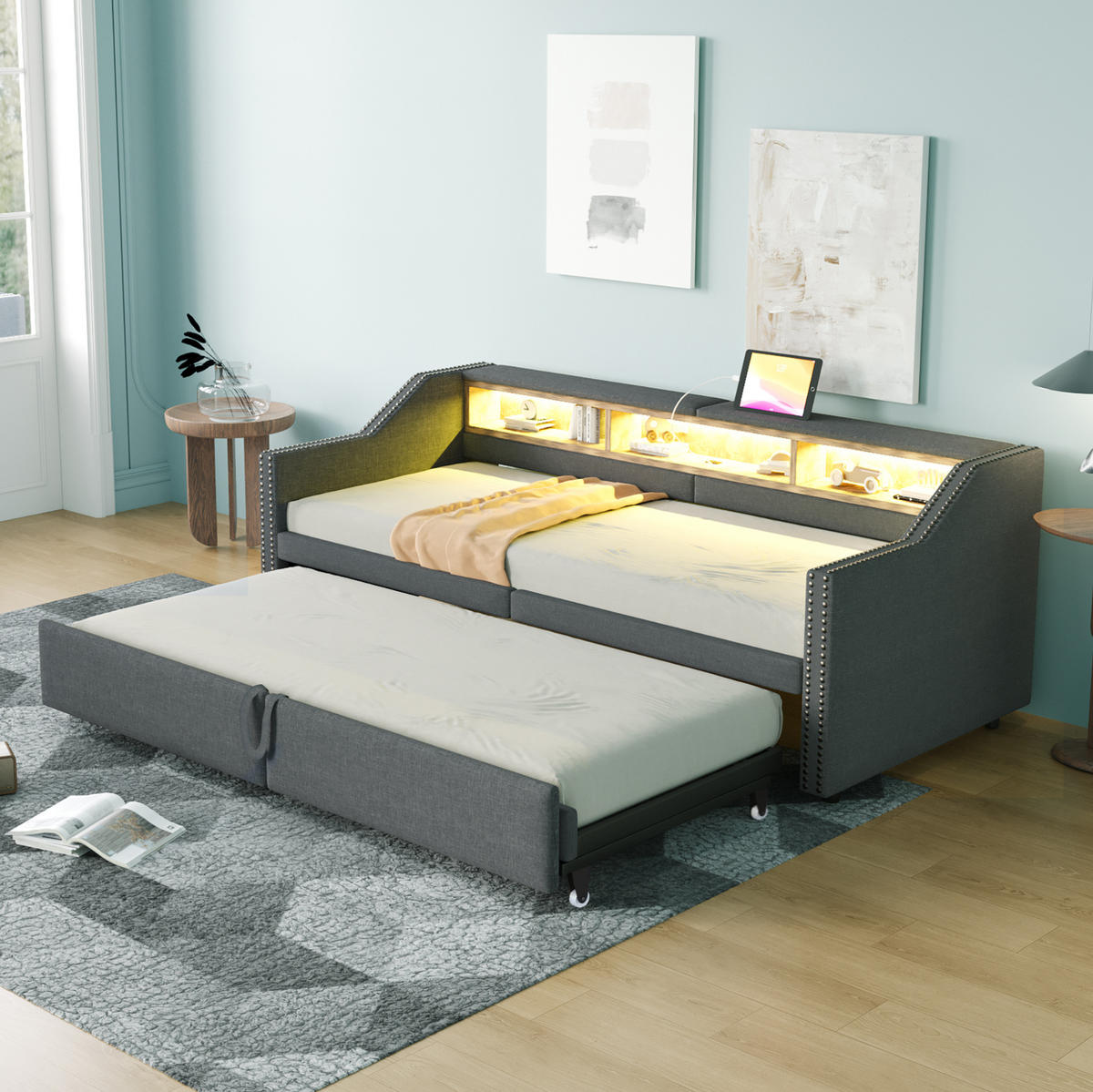 AUSZIEHBETT 90/180 x 200 cm Dunkelgrau mit LED-Beleuchtung und USB-Anschluss - Dunkelgrau, Textil (90/190cm) - Flora Grace