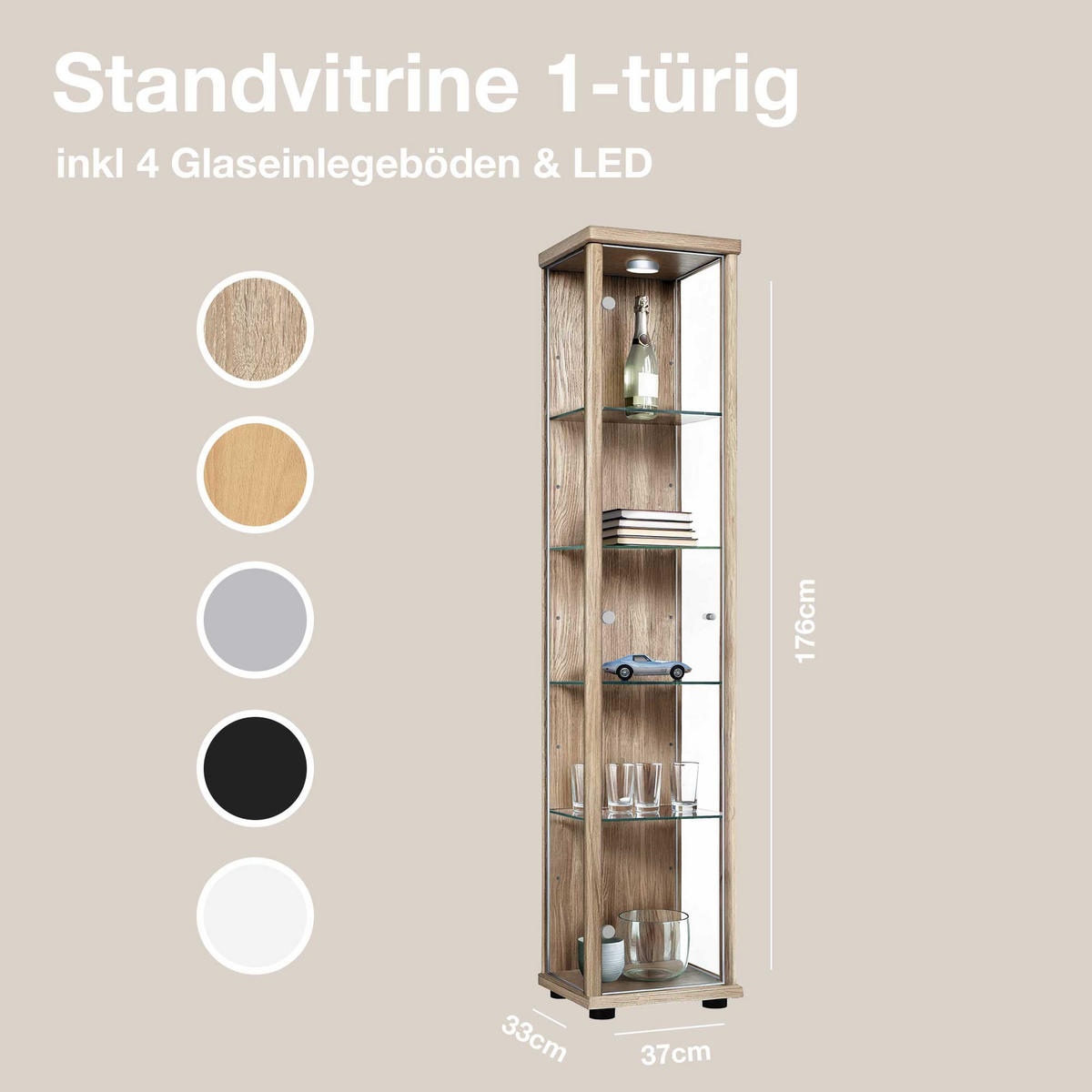 GLASVITRINE 33/37/176 cm mit LED & 4 höhenverstellbaren Glasböden - Transparent/Silberfarben, Glas/Holzwerkstoff (37/176/33cm) - K-Möbel