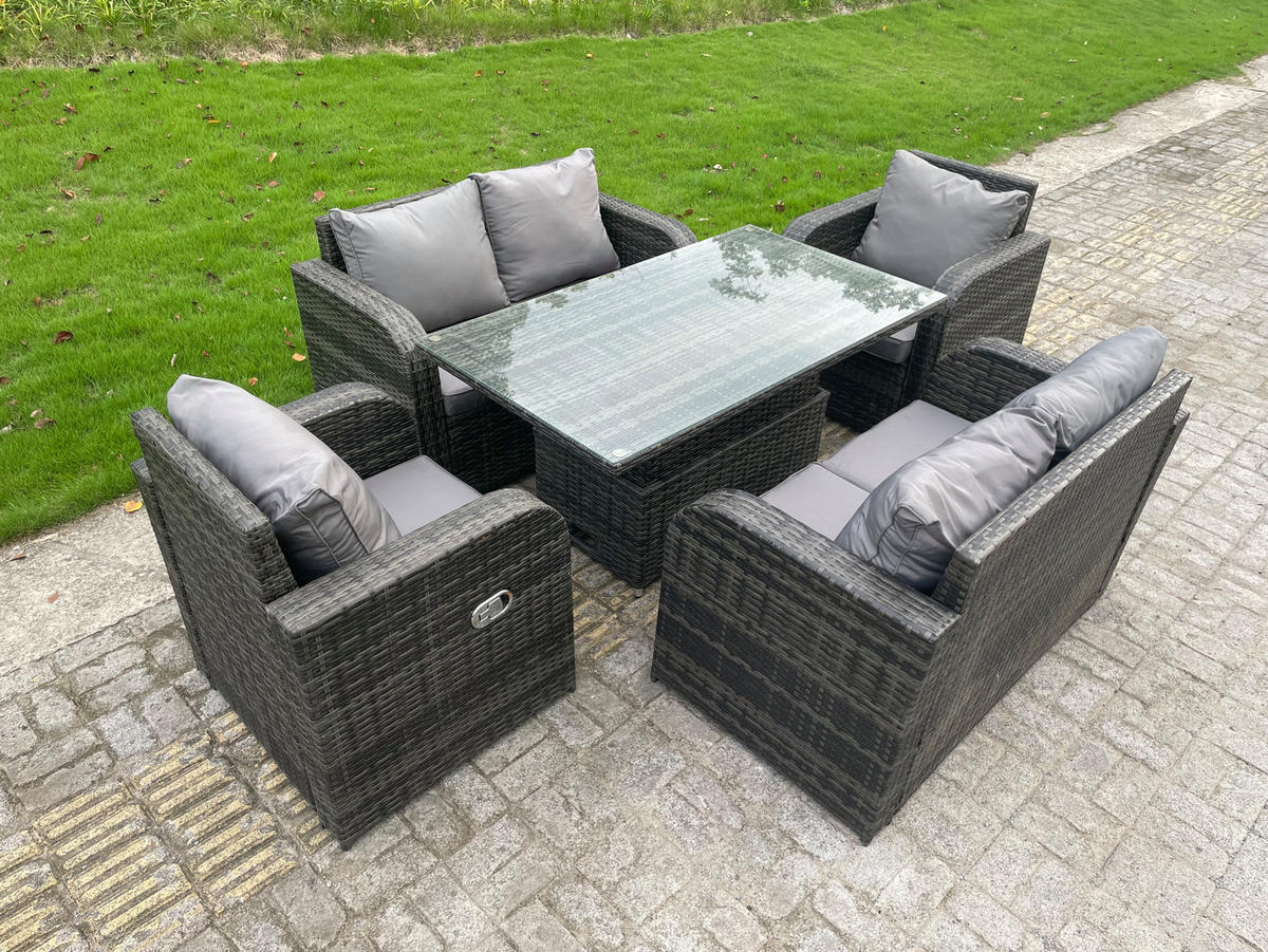 GARTENMÖBEL-SET Polyrattan 6-Sitzer mit höhenverstellbaren Tisch - Dunkelgrau/Grau, Glas/Kunststoff - Fimous