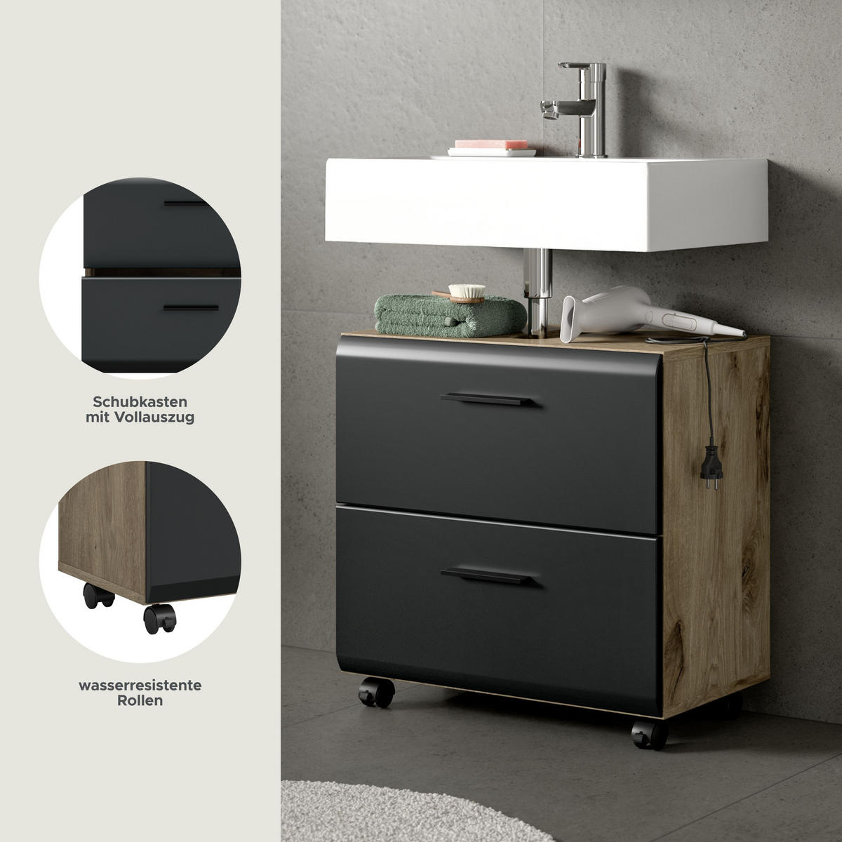 WASCHBECKENUNTERSCHRANK AUF ROLLEN Ice schwarz matt 60/30/58 cm - Braun, Holzwerkstoff (60/58/30cm) - Xonox