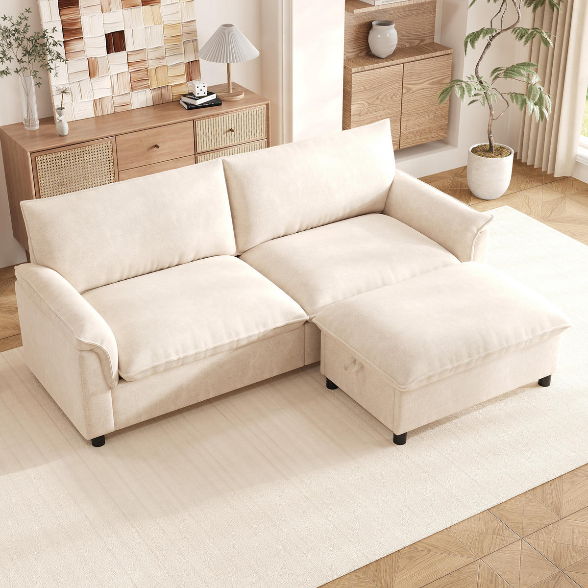 SOFA Beige U-Form Cloud Modular Deep Seat 216cm Hocker - Beige, Textil (77/82/216cm) - FLIEKS