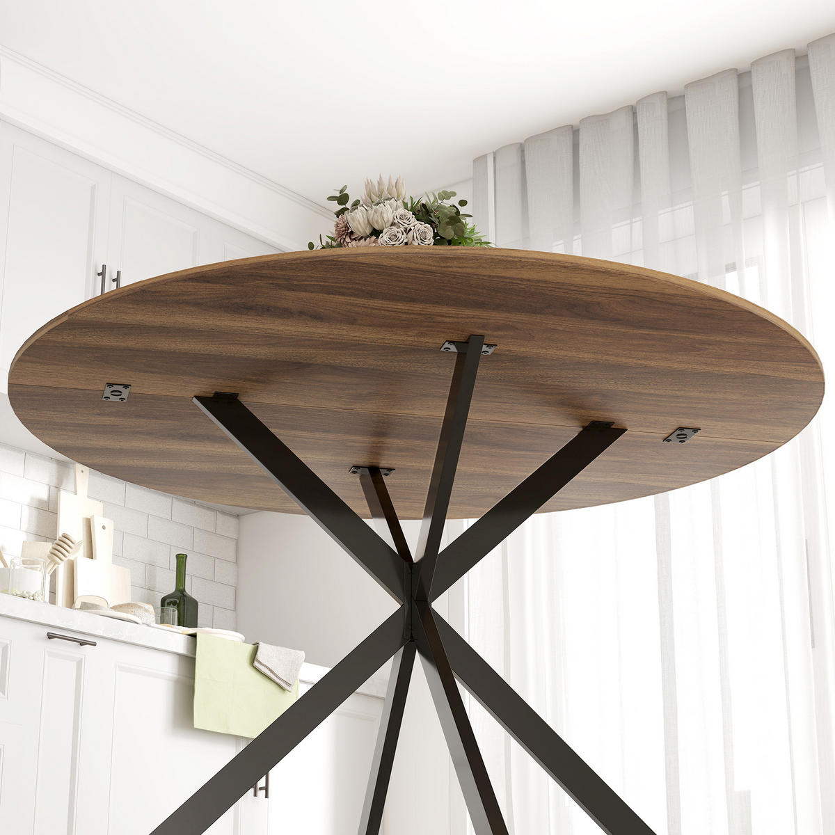 ESSTISCH DE-08419 Industriestil mit X-Stahlbeinen, Ø120 cm Dunkelbraun - Braun, Holzwerkstoff (120/120/75cm) - ComfortXL