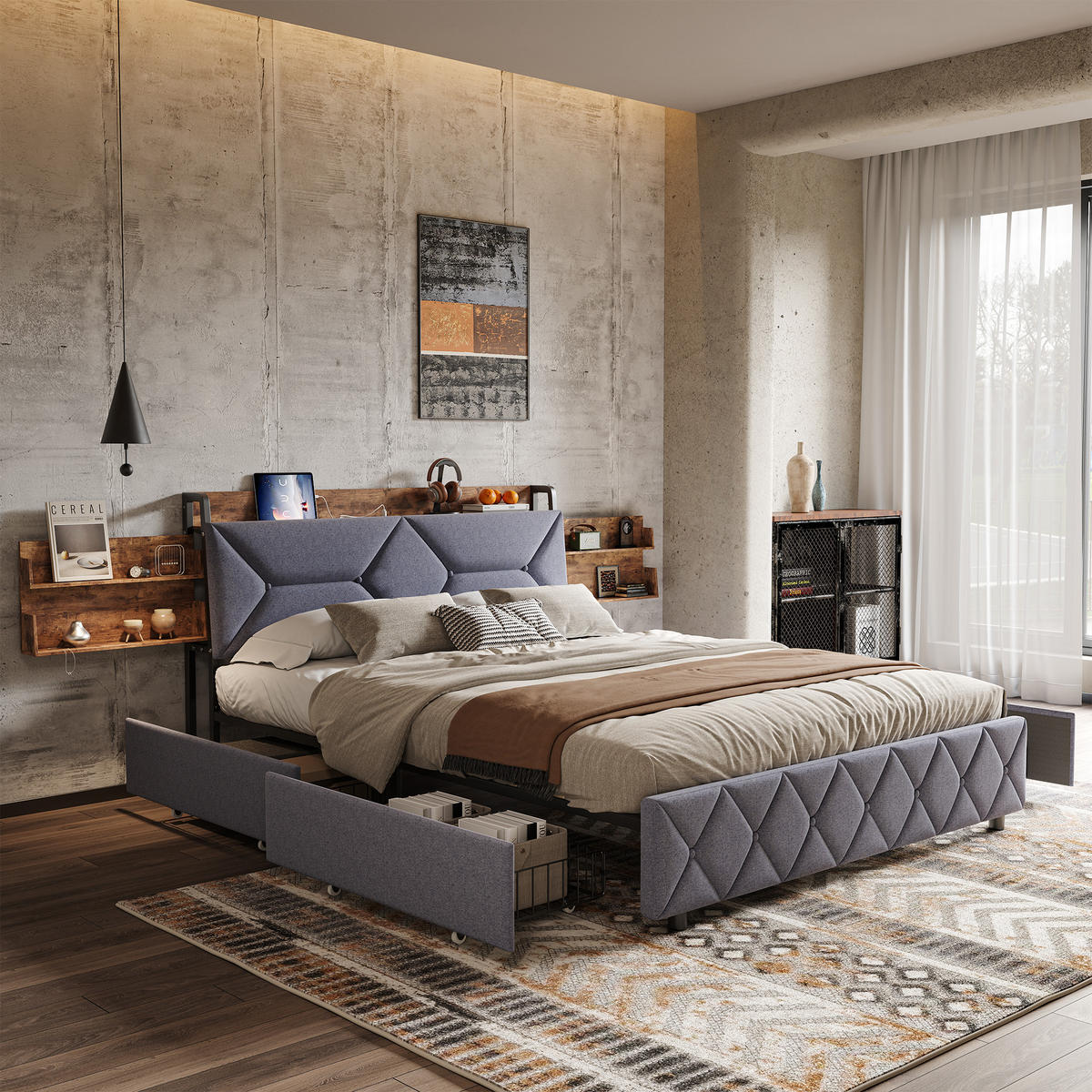 POLSTERBETT 140x200cm Grau Mit 4 Schubladen, USB & Type-C Anschlüsse - Grau, Holz (140/200cm)